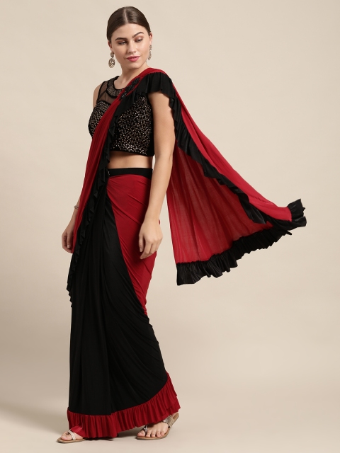 

VASTRANAND Black & Red Beads and Stones Ready to Wear Saree with Ruffles