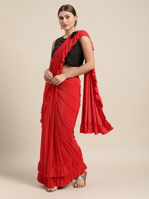 

VASTRANAND Red Solid Ruffled Ready To Wear Saree with Embellished Blouse
