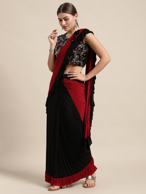 

VASTRANAND Black & Maroon Sequinned Ready to Wear Ruffle Saree