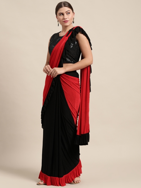 

VASTRANAND Black & Red Ruffled Ready To Wear Saree with Embellished Blouse