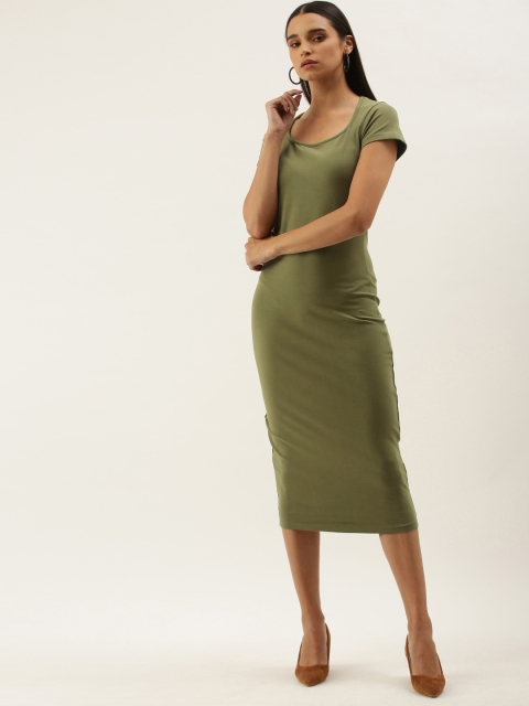 

DILLINGER Olive Green Solid Bodycon Midi Dress