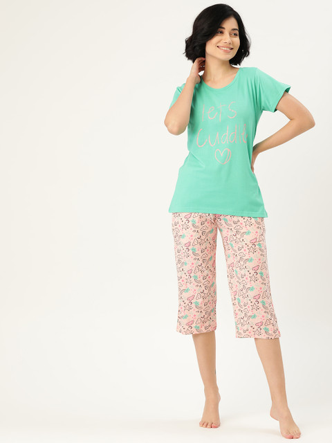 

Clt.s Women Teal Green & Peach-Coloured Printed Night suit