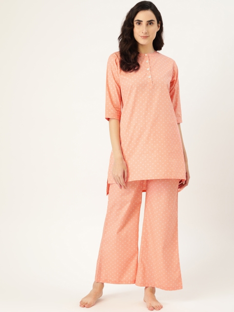 

Clt.s Women Peach Coloured & White Pure Cotton Floral Print Night suit