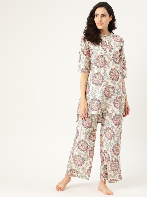 

Clt s Women Off White & Green Pure Cotton Printed Nightsuit