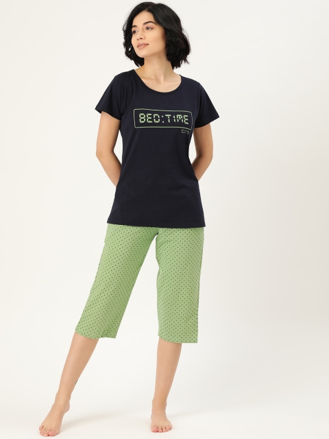 

Clt s Women Navy & Green Pure Cotton Printed Nightsuit, Navy blue