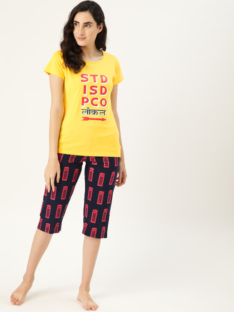 

Clt s Women Yellow & Black Printed Cotton Night suit