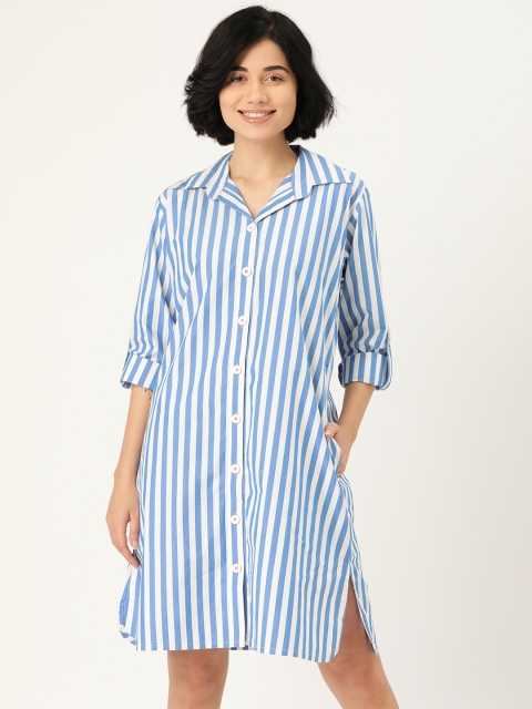

Clt.s Women Blue & White Cotton Striped Sleep Shirt