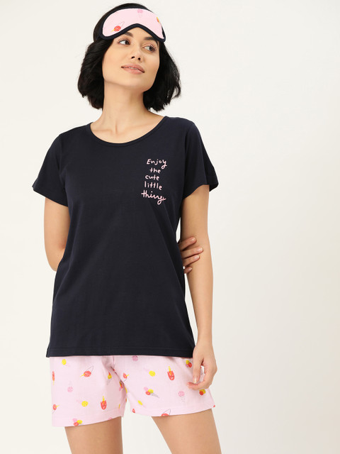 

Clt.s Women Navy Blue & Pink Printed Cotton Night suit with Eye Mask