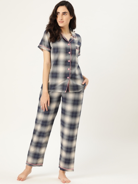 

Clt.s Women Navy Blue & Off White Checked Pure Cotton Pyjama Set