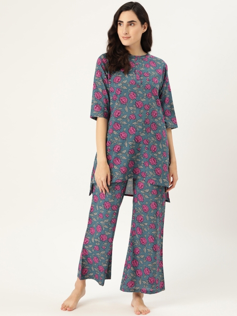 

Clt.s Women Teal Blue & Purple Pure Cotton Printed Night suit