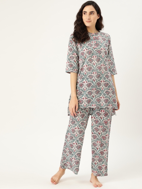 

Clt.s Women White & Green Pure Cotton Printed Night suit