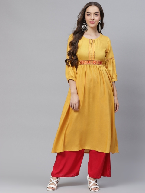 

Laabha Women Mustard Yellow Thread Work Kurta