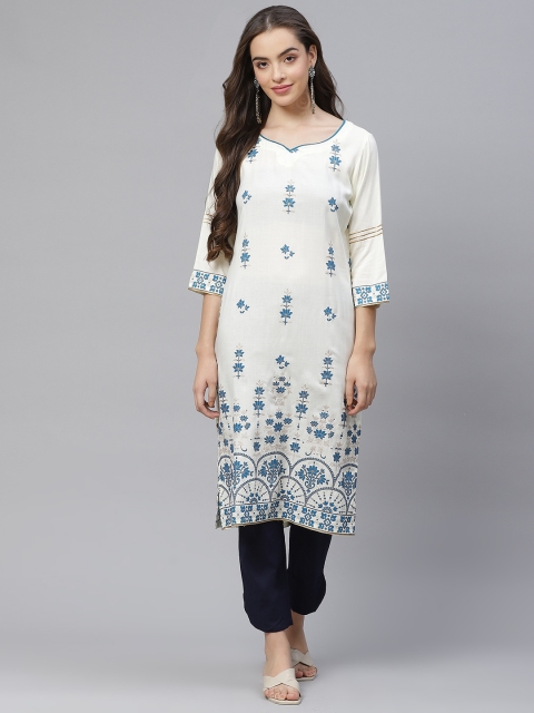 

Laabha Women Off White & Blue Ethnic Motifs Printed Kurta