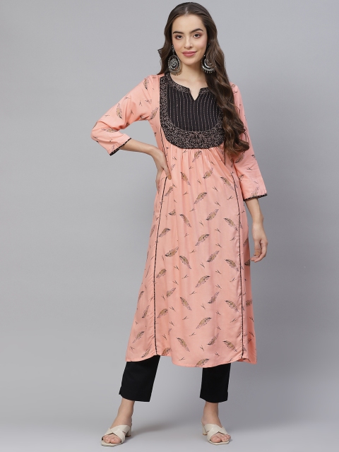 

Laabha Women Pink & Black Quirky Printed Thread Work Kurta