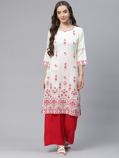 

Laabha Women White & Pink Ethnic Motifs Printed Floral Kurta