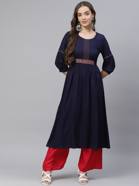 

Laabha Women Navy Blue Thread Work Indigo Kurta