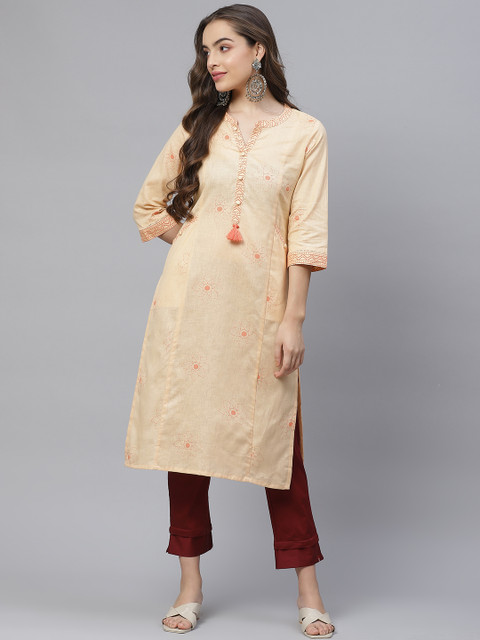 

Laabha Women Beige & Peach-Coloured Floral Printed Pastels Kurta