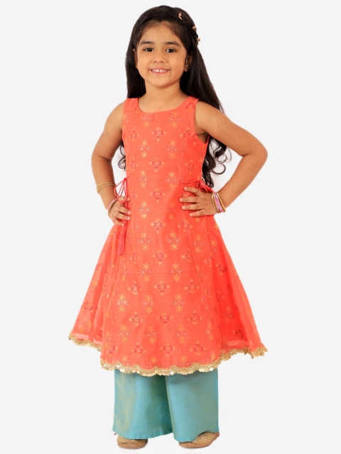 

Lil Peacock Girls Red & Blue Ethnic Motifs Printed Panelled Kurta with Sharara