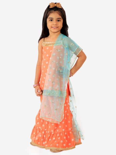 

Lil Peacock Girls Orange Floral Printed Kurta with Sharara & With Dupatta