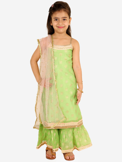 

Lil Peacock Girls Lime Green & Gold Floral Printed Kurta with Sharara & With Dupatta
