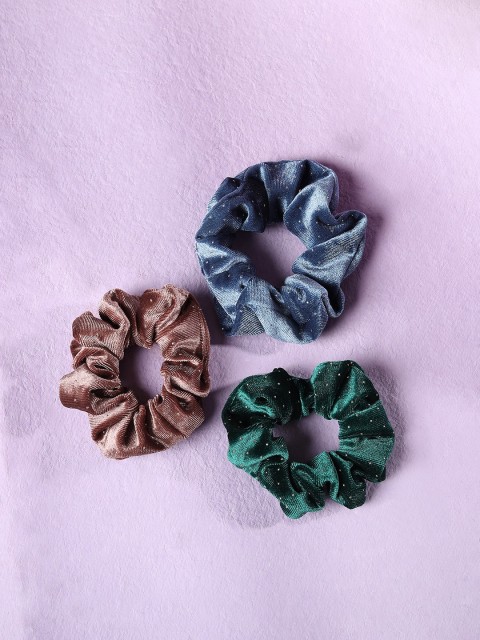 

Blueberry Women Set of 3 Dot Print Velvet Scrunchies, Brown