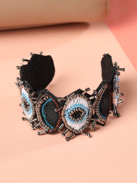 

Blueberry Women Black & White Evil Eye Beaded Threadwork Handcrafted Cuff Bracelet