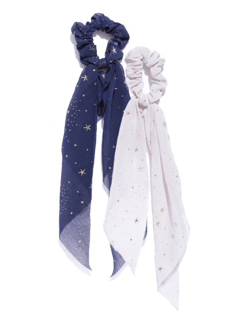 

Blueberry Women Set of 2 Star Print Scrunchies with Knot Detail, Navy blue