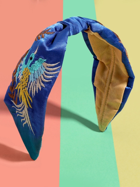 

Blueberry Women Blue & Mustard Yellow Embroidered Satin Hairband with Knot Detail