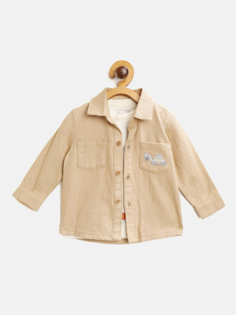 

Marks & Spencer Kids Beige Solid Cotton Shirt with Conversational Print T-shirt