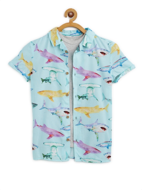 

Marks & Spencer Boys Blue & Grey Melange Shark Print Casual Shirt with Solid T-shirt