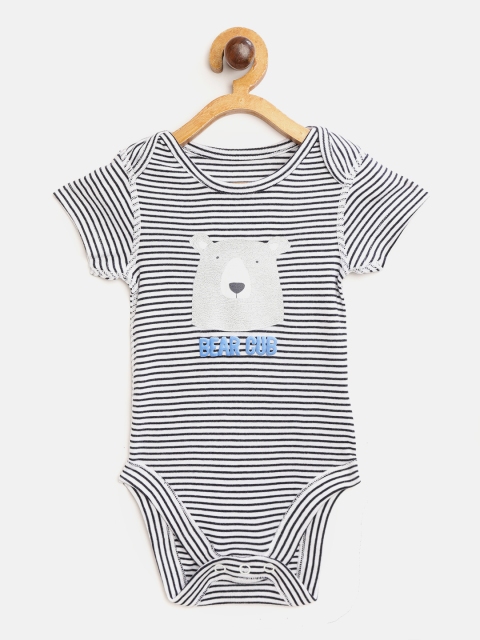 

Marks & Spencer Infants White & Navy Blue Striped Cotton Bodysuit with Applique Detail