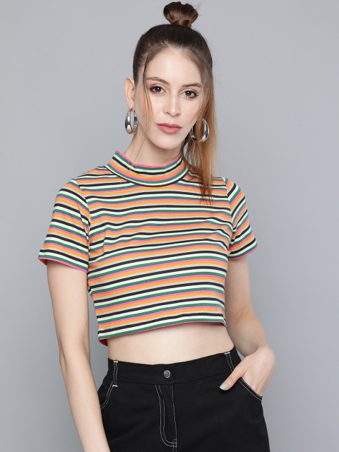 

SASSAFRAS Women Orange & Black Striped High Neck T-shirt