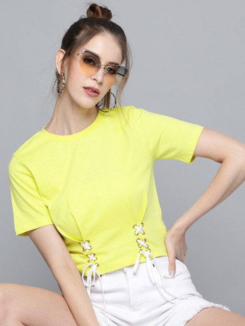 

SASSAFRAS Women Yellow Pure Cotton Criss-Cross Detail Crop Top