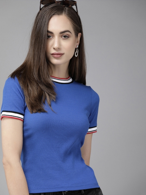 

ONLY Women Blue Self-Designed Slim Fit T-shirt