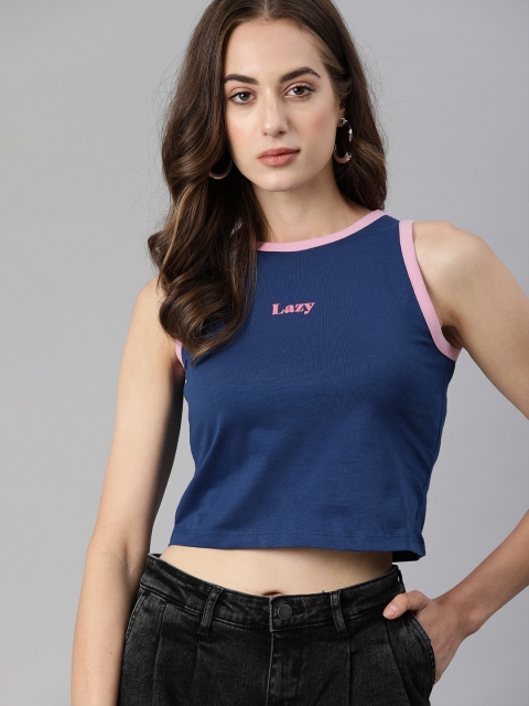 

ONLY Women Blue Pink Typography Printed Pure Cotton T-shirt