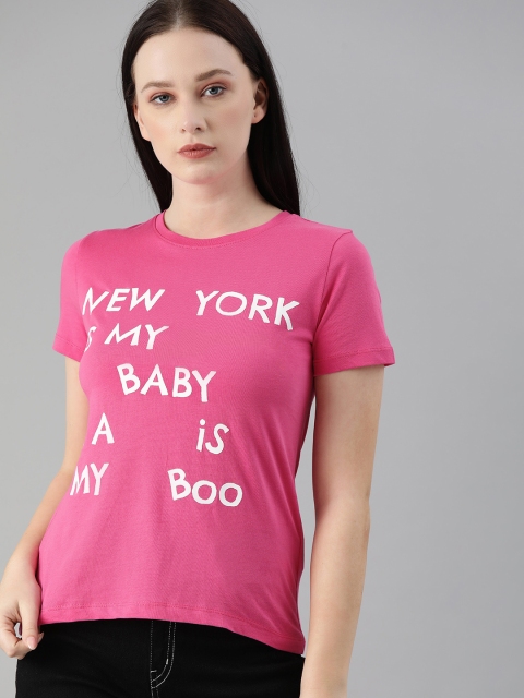 

ONLY Women Pink White Typography Printed Applique Pure Cotton T-shirt