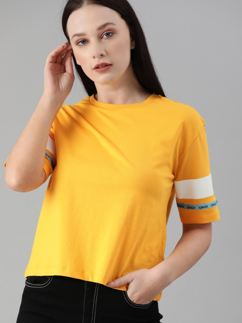 

ONLY Women Yellow Solid Extended Sleeves Pure Cotton T-shirt