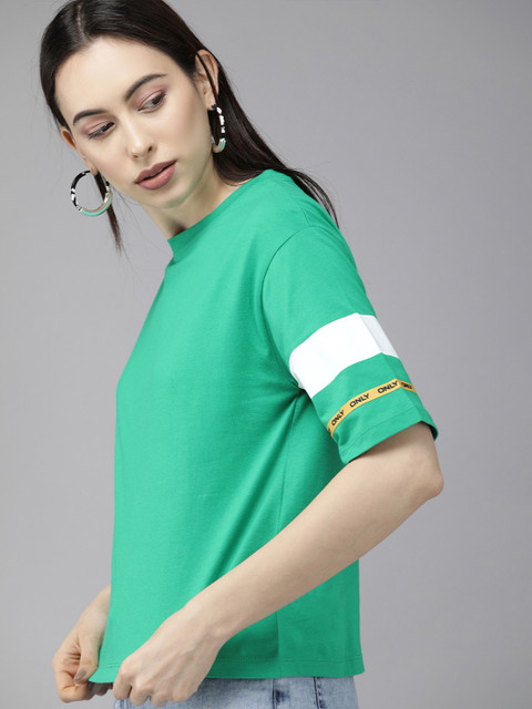 

ONLY Women Sea Green Solid Regular Fit Pure Cotton T-shirt