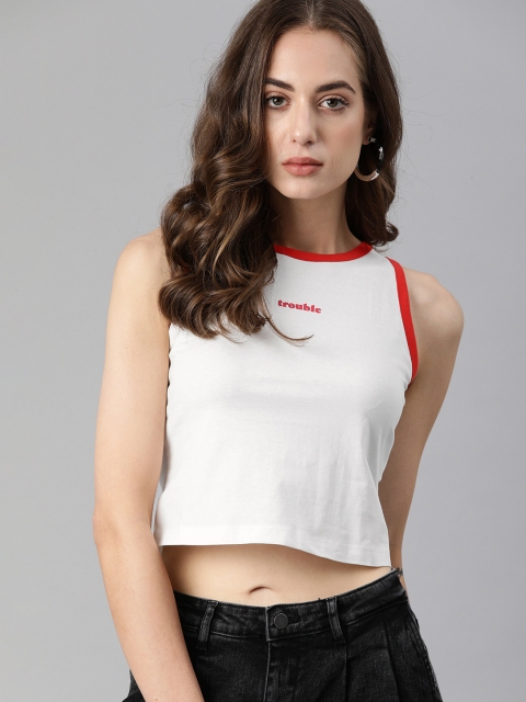 

ONLY Women White Red Typography Printed Pure Cotton T-shirt