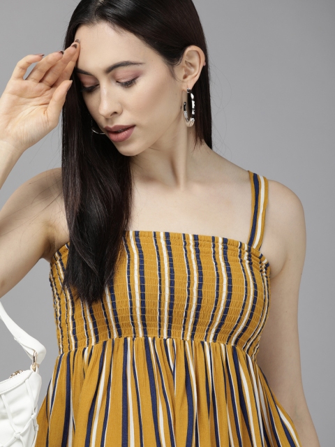 

ONLY Mustard Yellow & Navy Blue Striped Smocked Empire Top