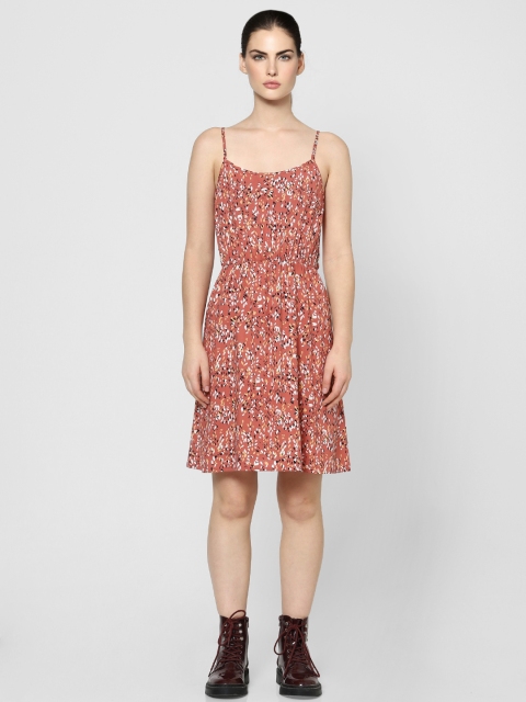 

ONLY Rust Red & White Geometric Printed Fit and Flare Dress with Gathers