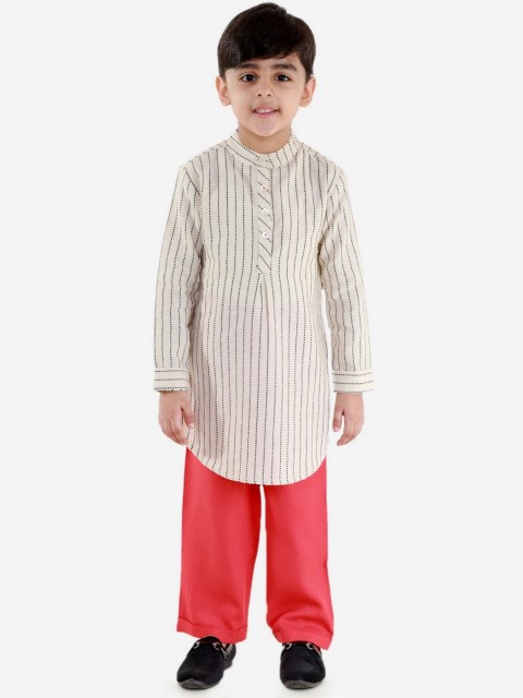 

Lil Peacock Boys White Striped Pure Cotton Kurta with Pyjamas
