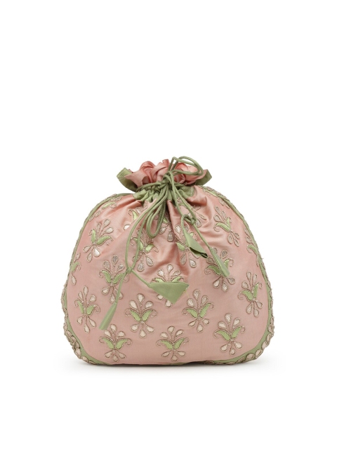 

PRACCESSORII Peach-Coloured & Green Embroidered Clutch