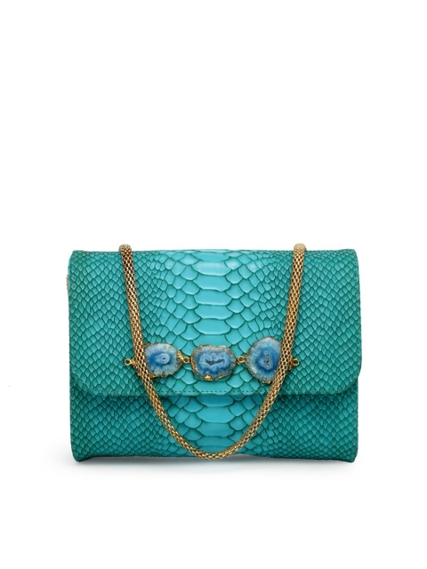 

PRACCESSORII Turquoise Blue & Gold-Toned Embellished Foldover Clutches