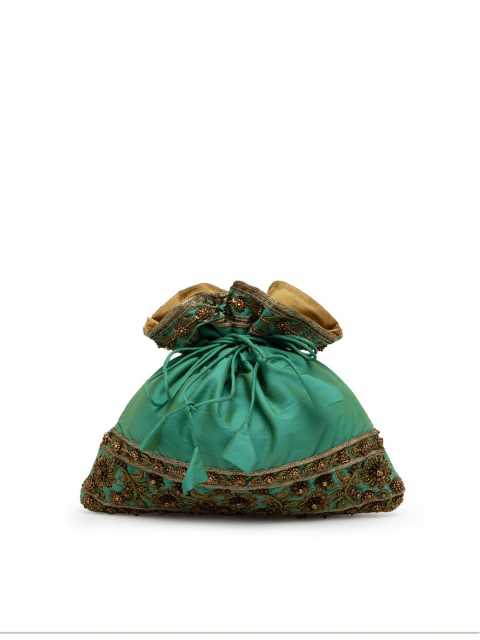 

PRACCESSORII Sea Green & Gold-Toned Embroidered Potli