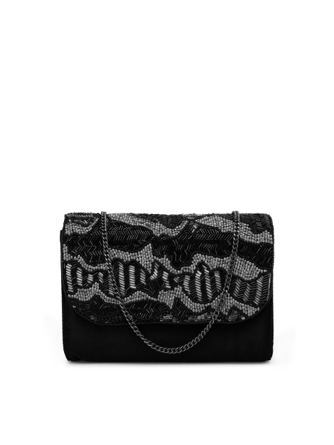 

PRACCESSORII Black & Silver-Toned Embellished Envelope Clutch