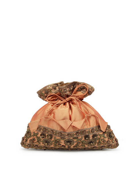 

PRACCESSORII Peach-Coloured & Gold-Toned Embroidered Potli Clutches