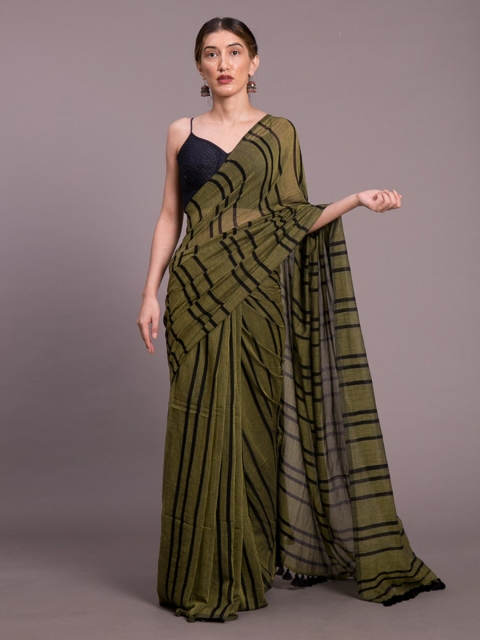 

Suta Olive Green & Black Pure Cotton Striped Handloom Saree