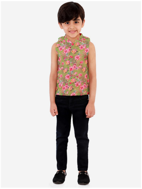 

Lil Peacock Boys Green & Pink Floral Print Nehru Jacket