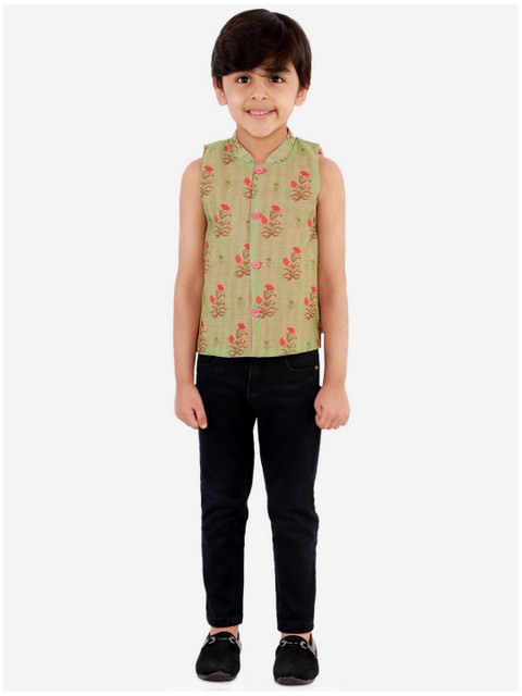 

Lil Peacock Boys Green Ethnic Motifs Printed Nehru Jacket